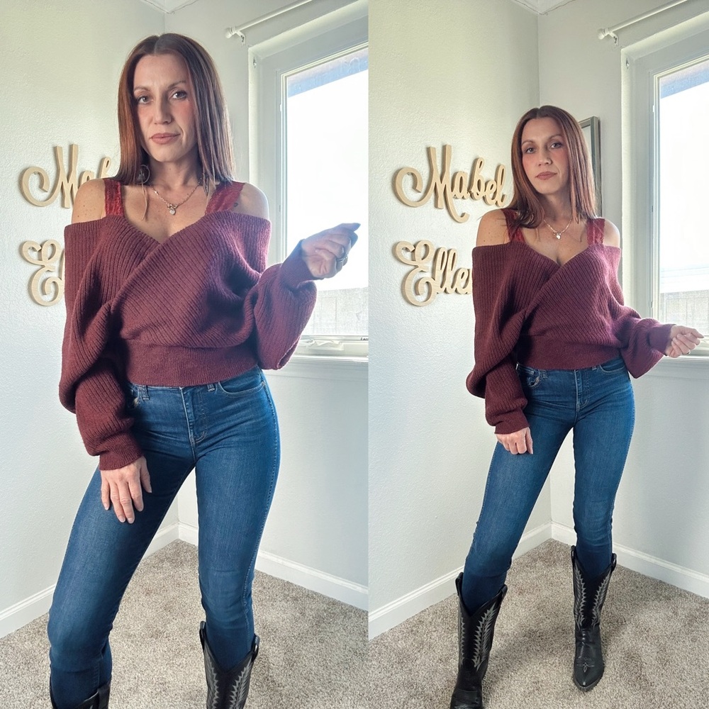 ROMWE Off-Shoulder Burgundy cropped knit Sweater size XL